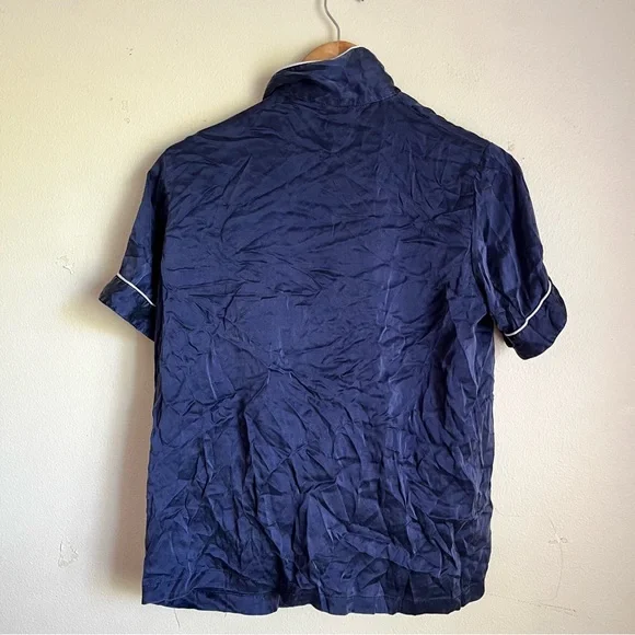 Oscar Rosa 100% silk blue White Lightweight pj set top button up & shorts